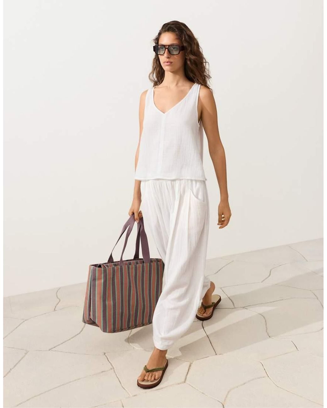 Oysho White 100% Cotton V-neck Strappy Top