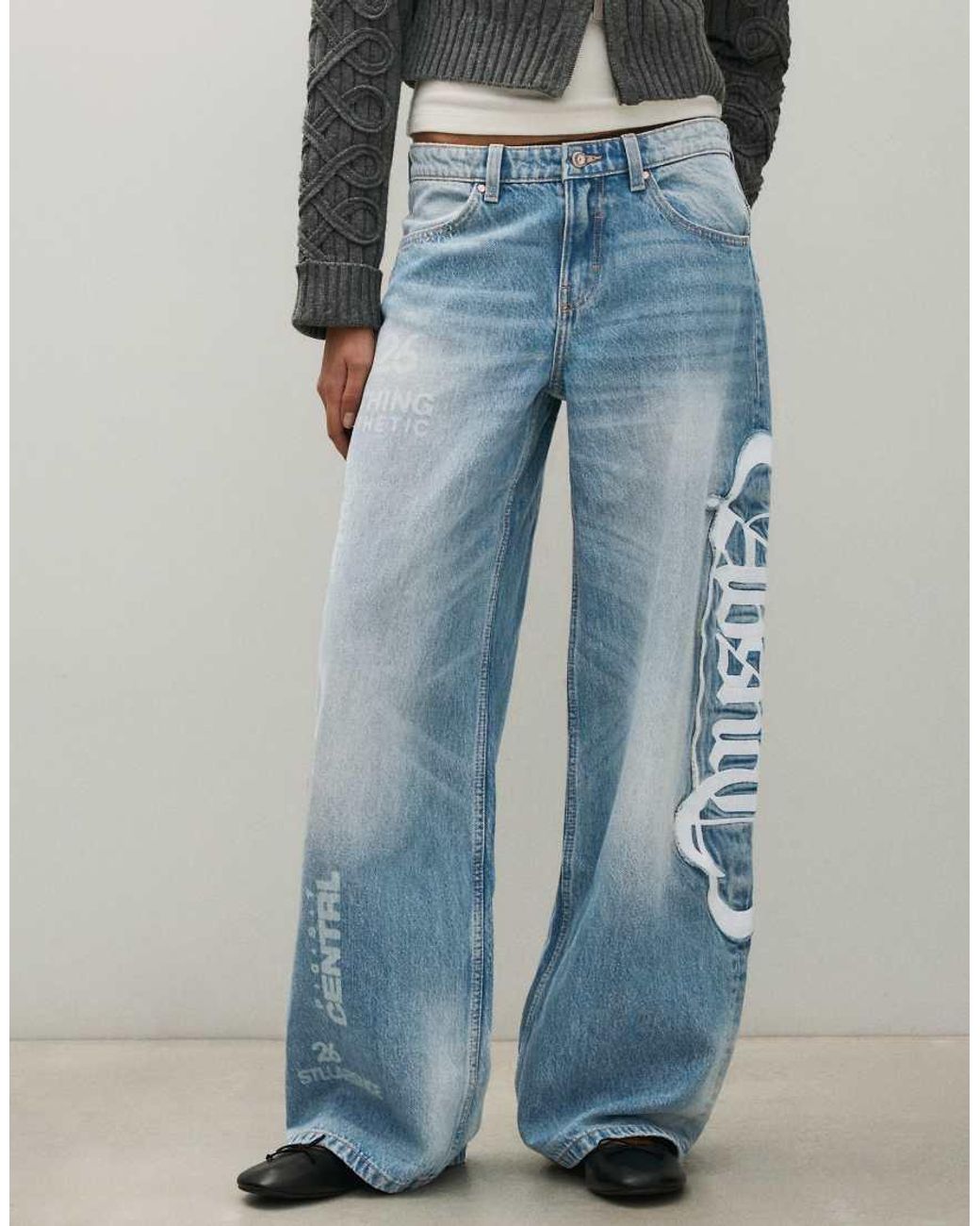 Bershka Blue High-waist Washed baggy Jeans With Patch