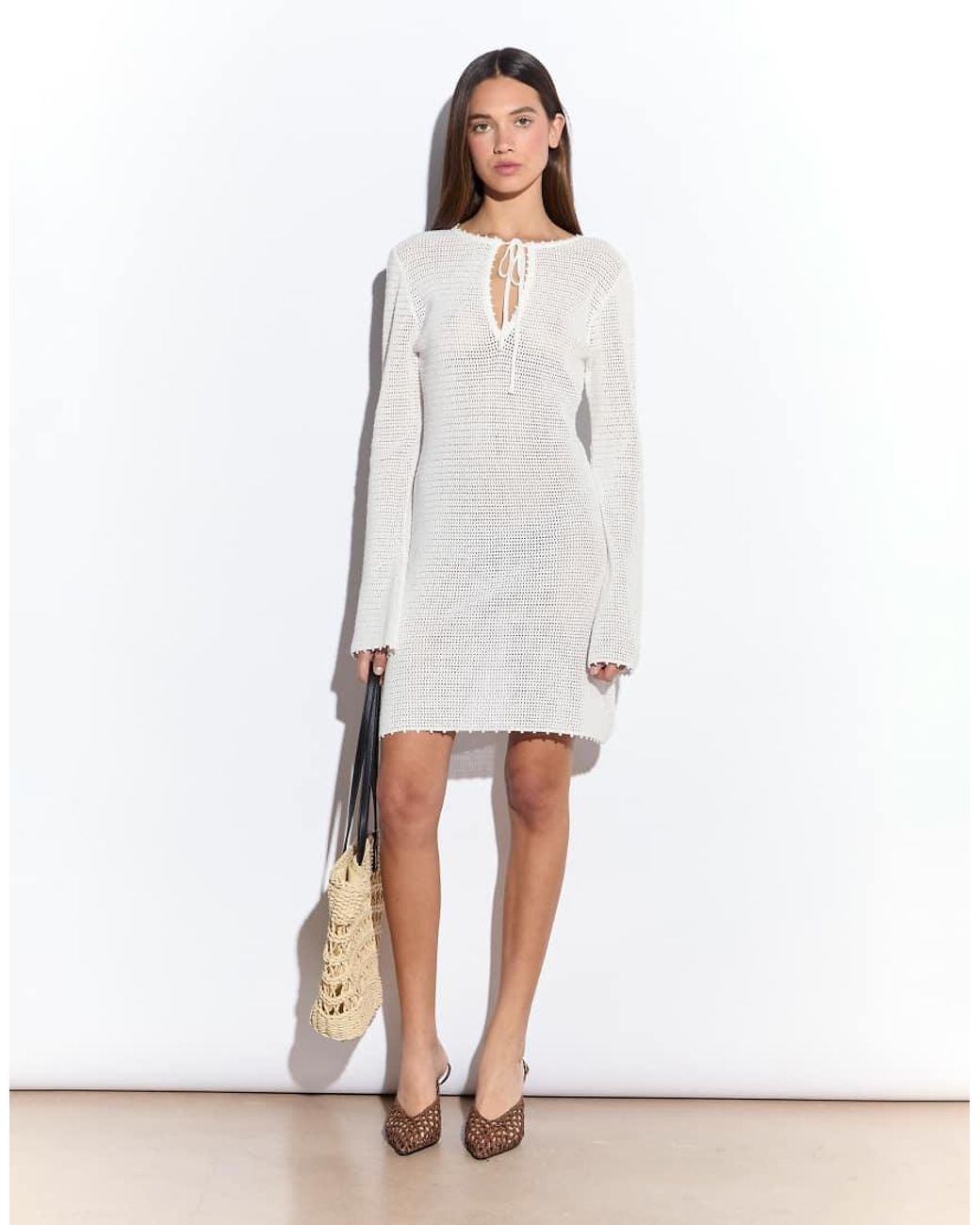 NARRATED Natural Crochet Knit Long Sleeve Mini Dress