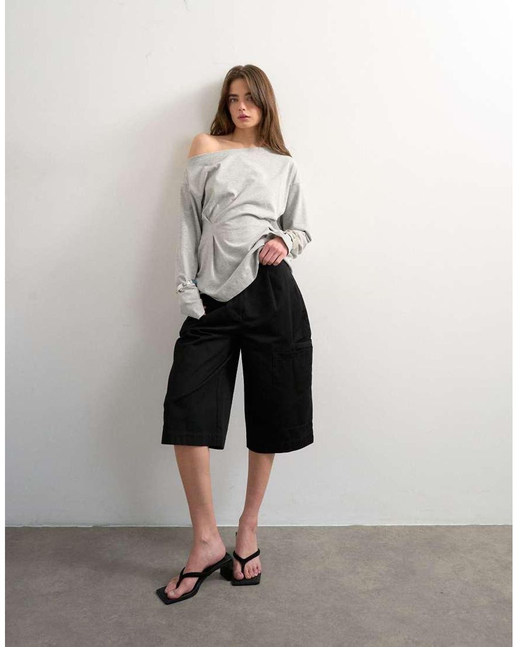 TOPSHOP Gray Cinch Off The Shoulder Top