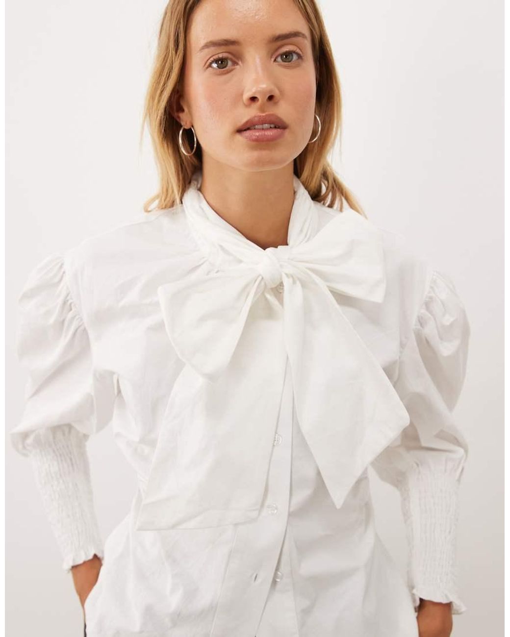 Ghospell White Vittoria Cotton Blend Oversized Bow Blouse With Ruched Sleeves