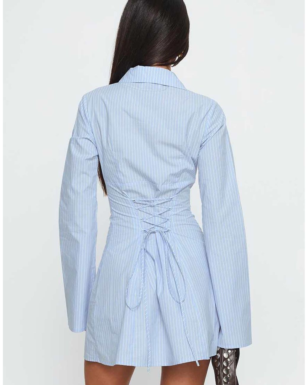 Princess Polly Blue Cinch Waist Button Up Wide Sleeve Mini Dress