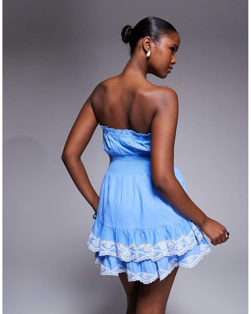 River Island Blue Embroidered Ruffle Playsuit