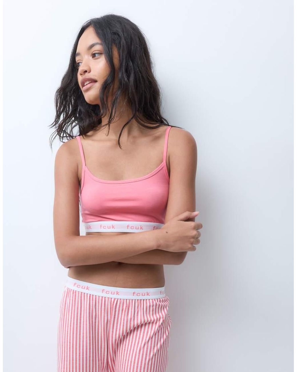 French Connection Pink Fcuk Logo Waist Stripe Trouser Pyjama Set