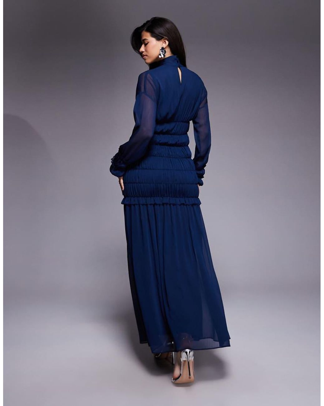 DASKA Blue Chiffon High Neck Shirred Bodice Maxi Dress