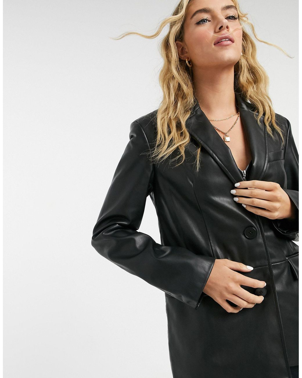 Bershka Oversized Faux Leather Blazer in Black | Lyst