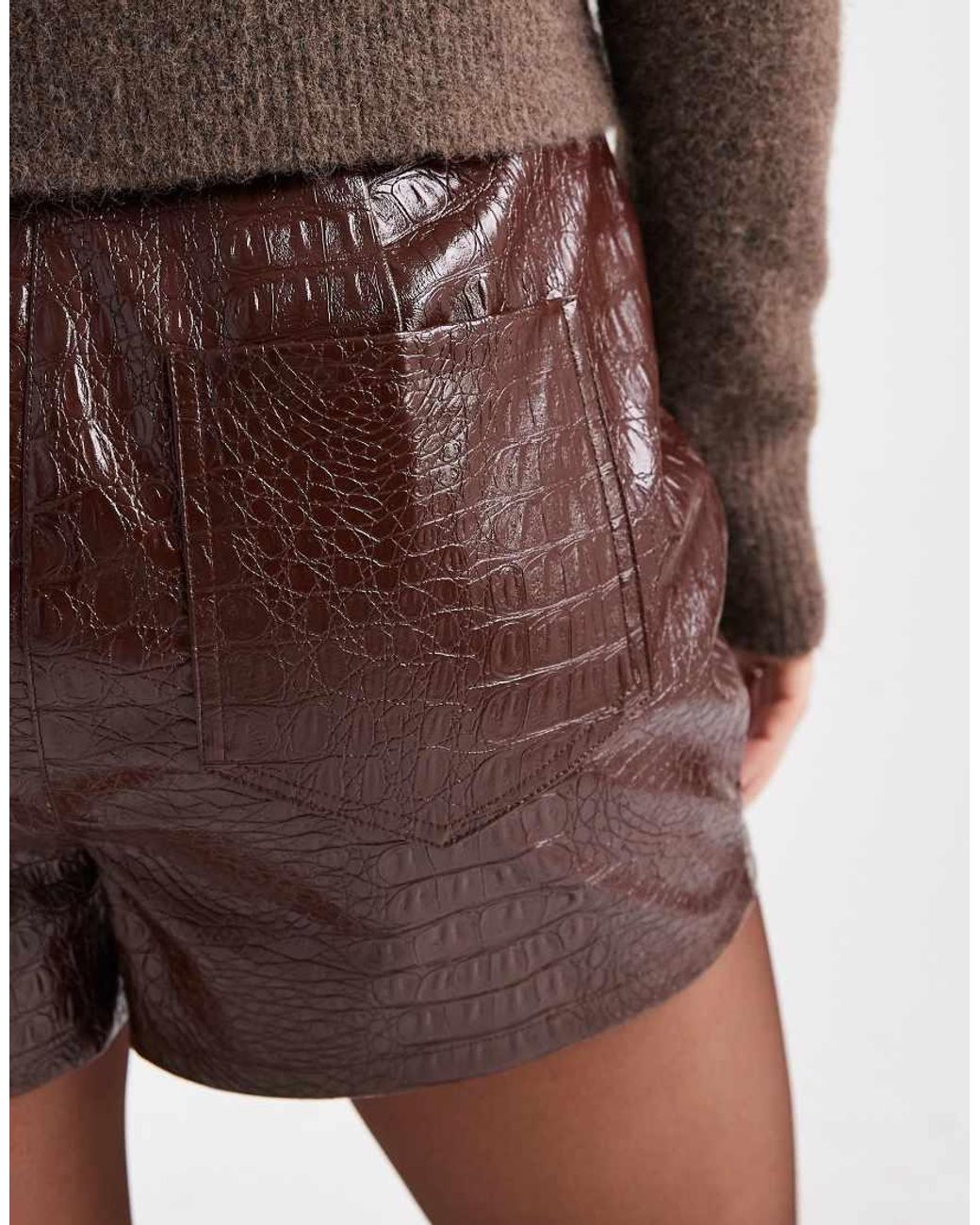 Miss Selfridge Brown Faux Leather Croc Booty Short