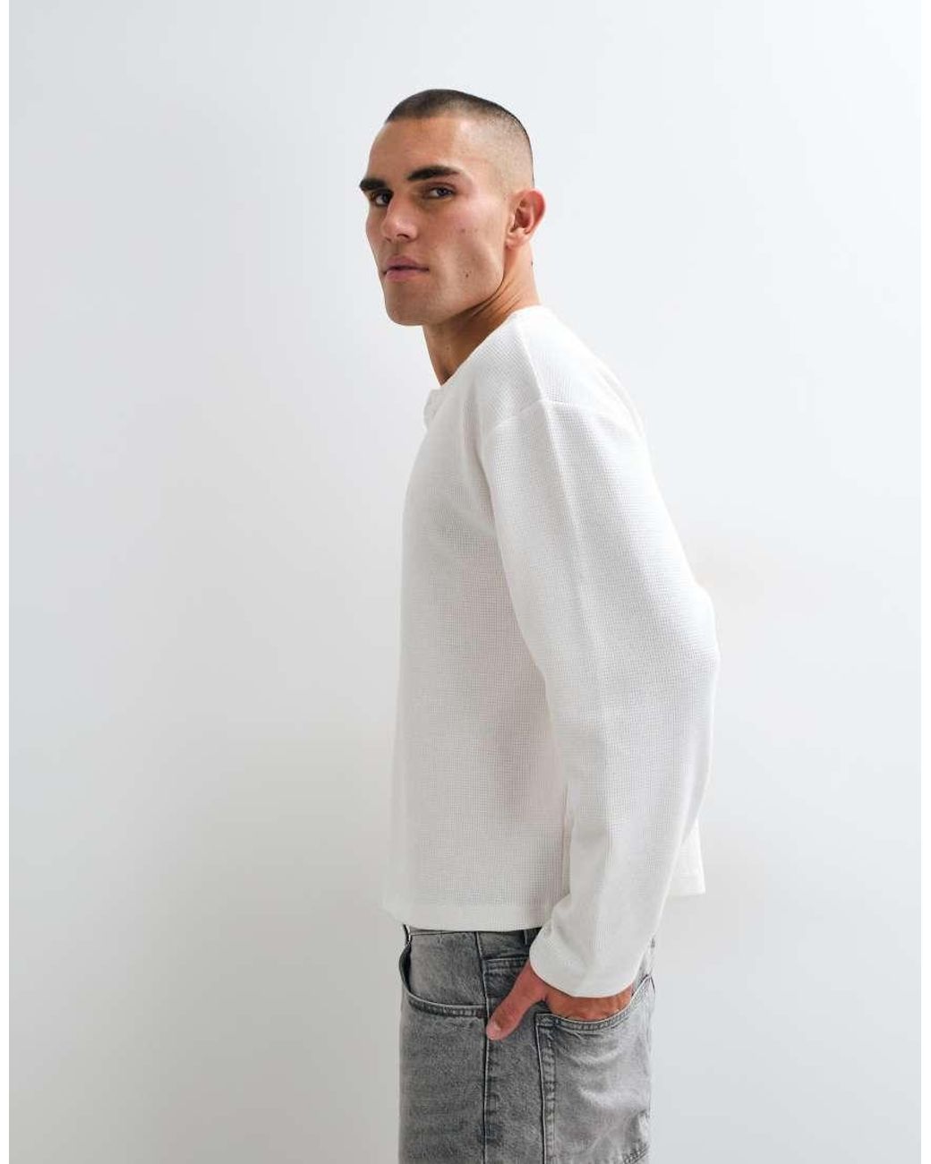 CERNUCCI Gray Long Sleeve Waffle Henley T-shirt With Embroidery Detail-white for men