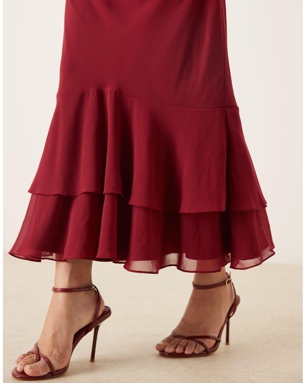 LACE & BEADS Red Long Sleeve Ruffle Hem Maxi Dress