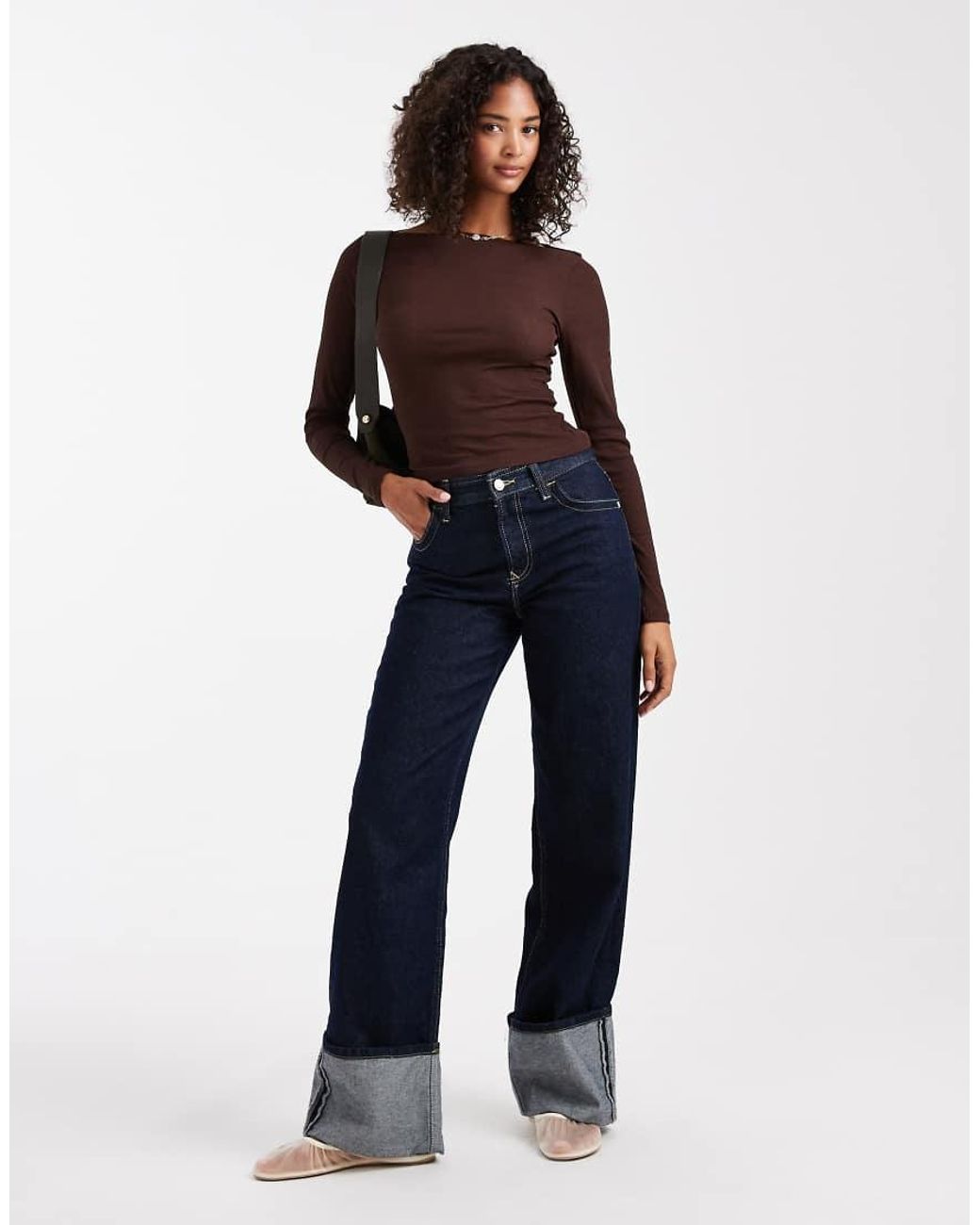 ASOS Brown Textured Mesh Slash Neck Long Sleeve Top