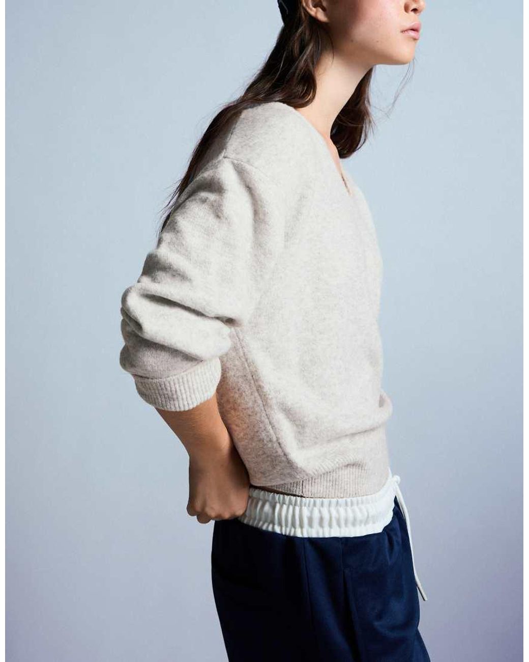 Bershka Gray Oversize V-Neck Jumper