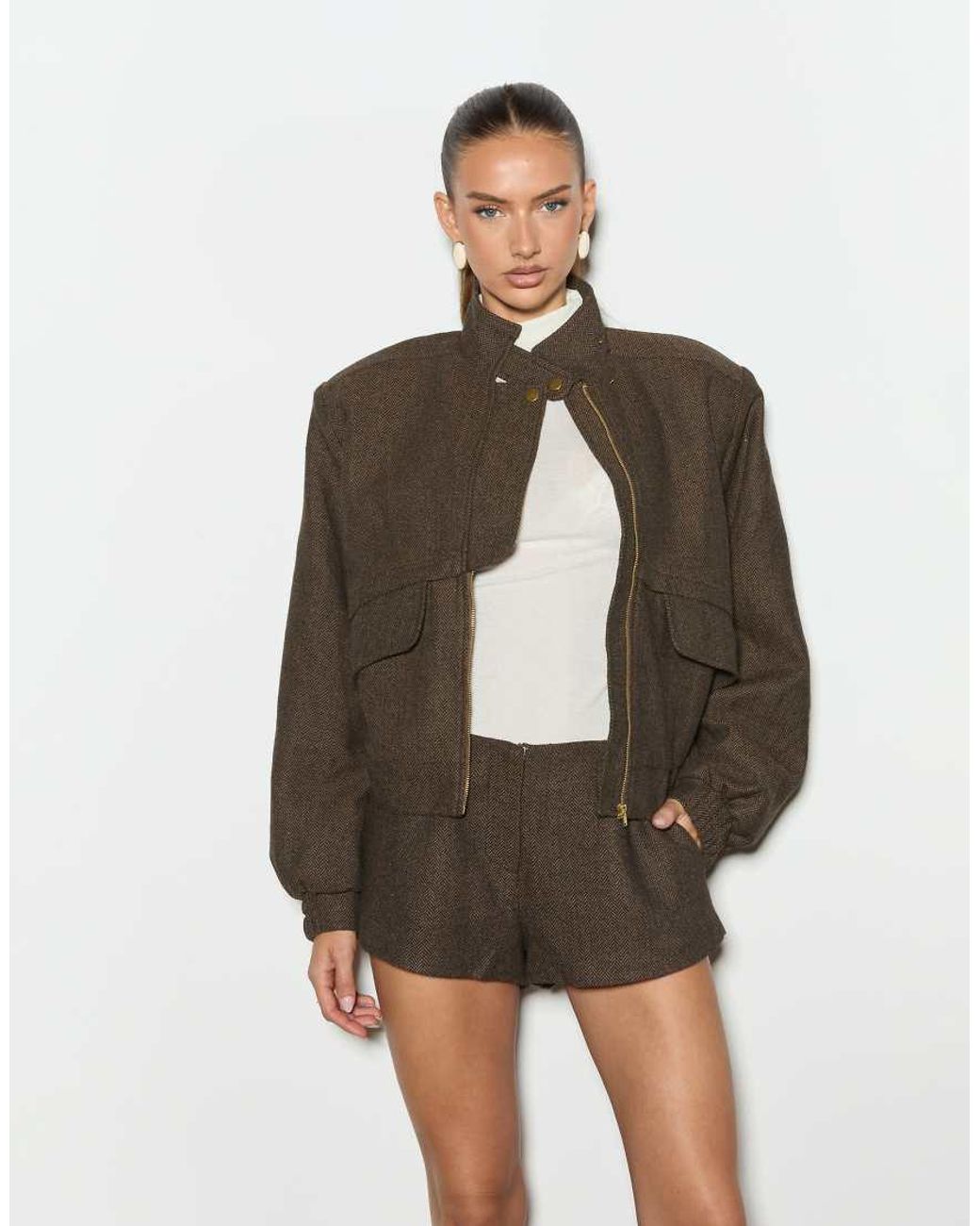 Noughts & Kisses Brown Tweed Structured Pocket Detail Bomber Jacket Set