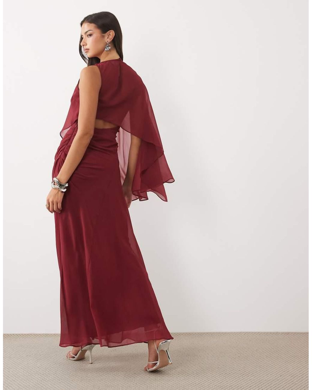 ASOS Red Draped Batwing Asymmetric One Sleeve Maxi Dress