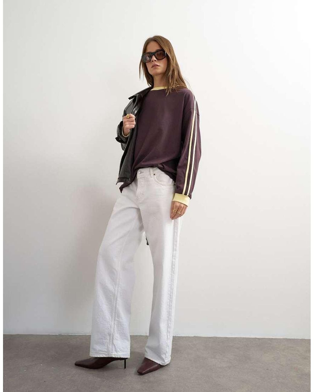 TOPSHOP Brown Long Sleeve Skater Stripe Detail T-Shirt