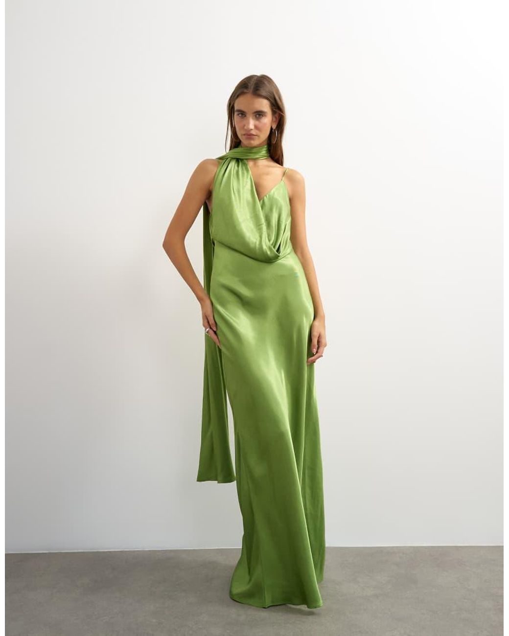 TOPSHOP Green Satin Slip Maxi Dress With Scarf Neck Detail