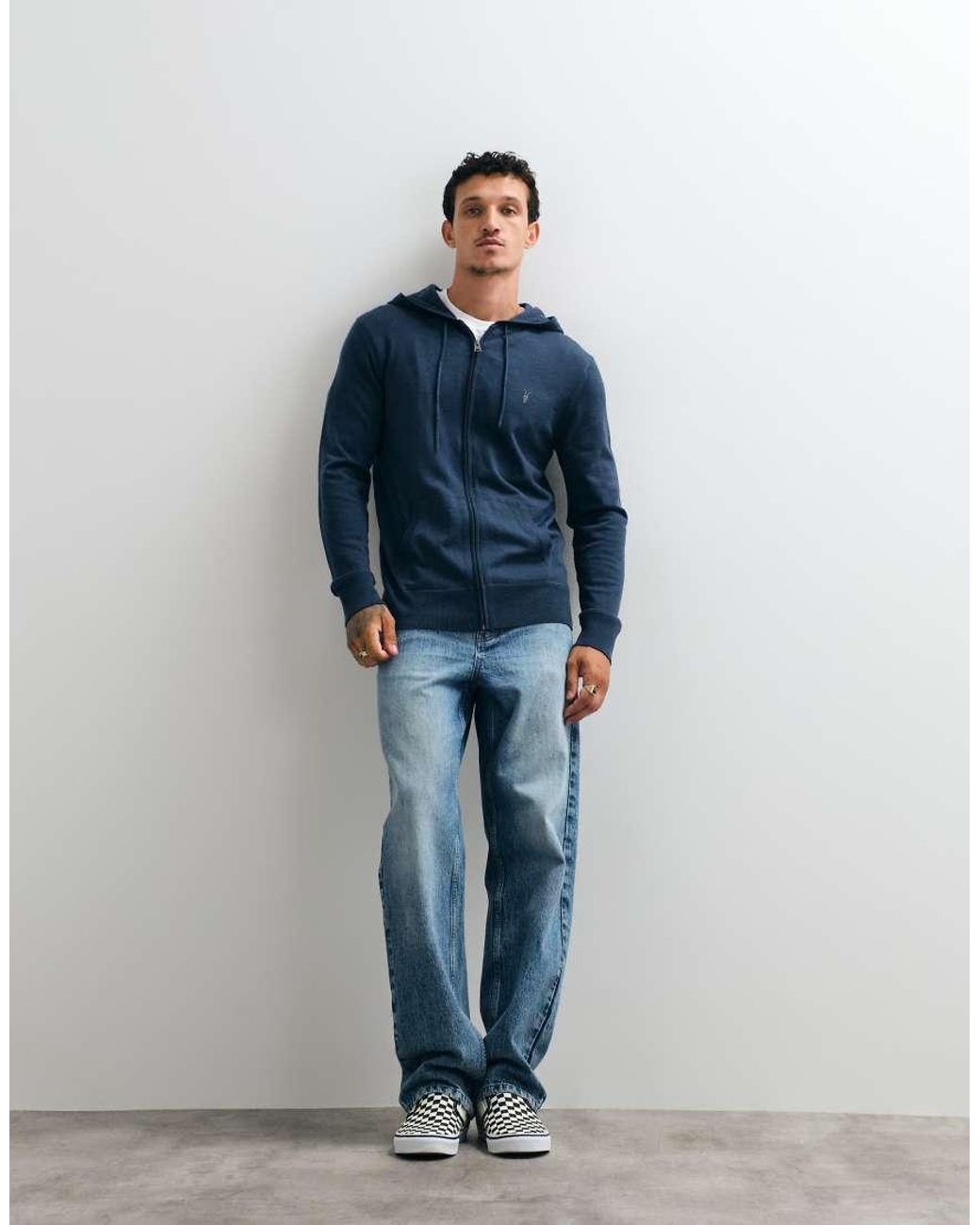 AllSaints Blue Mode Merino Logo Zip Through Knit Hoodie for men