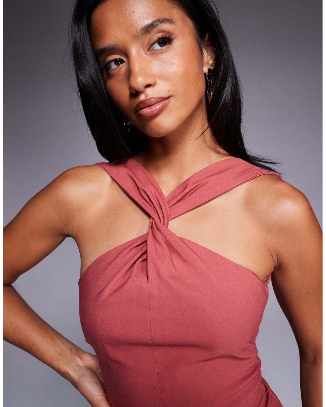 Vesper Petite Red Bengaline Twist Front Halter Neck Side Split Midaxi Dress
