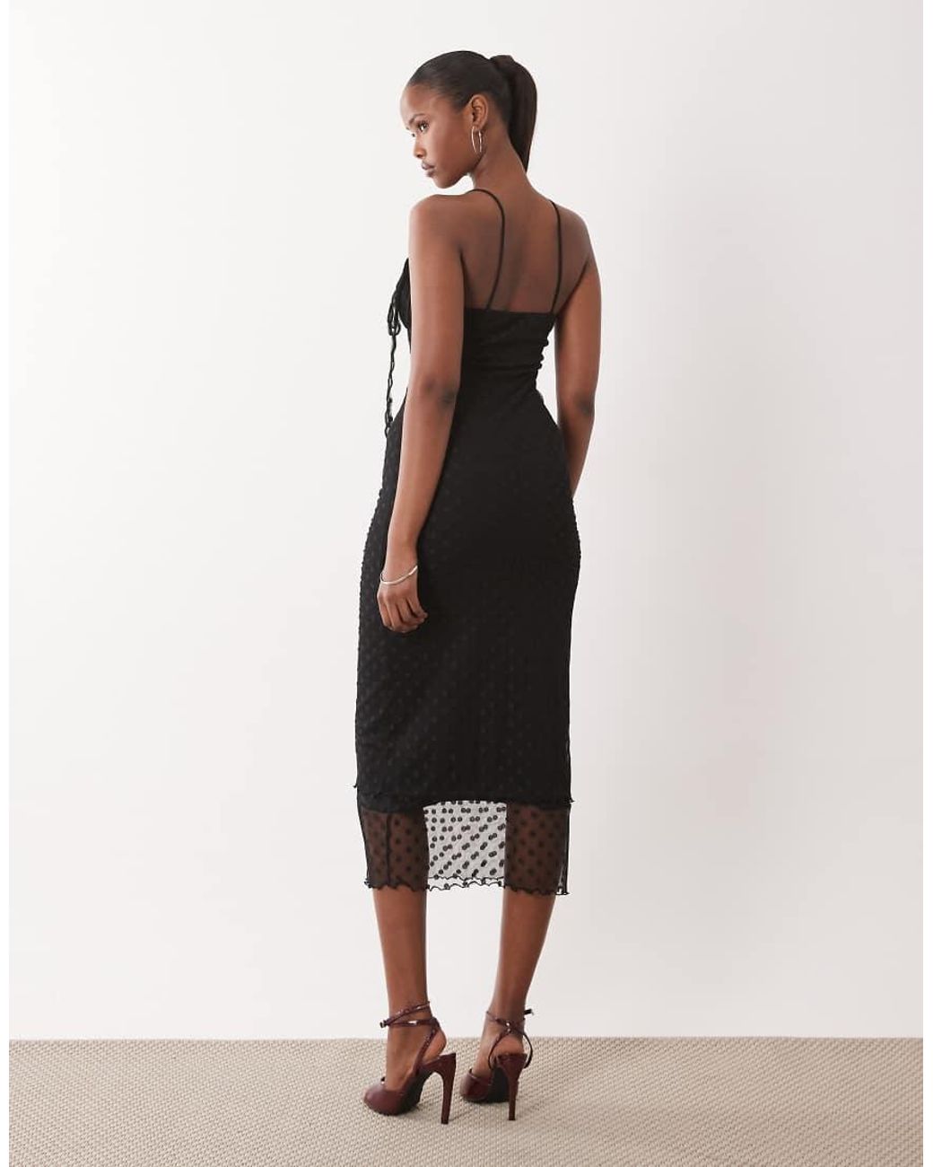 ASOS Black Midi Length Dobby Mesh Slip Dress With Ruched Bust And Peek A Boo Hem Detail