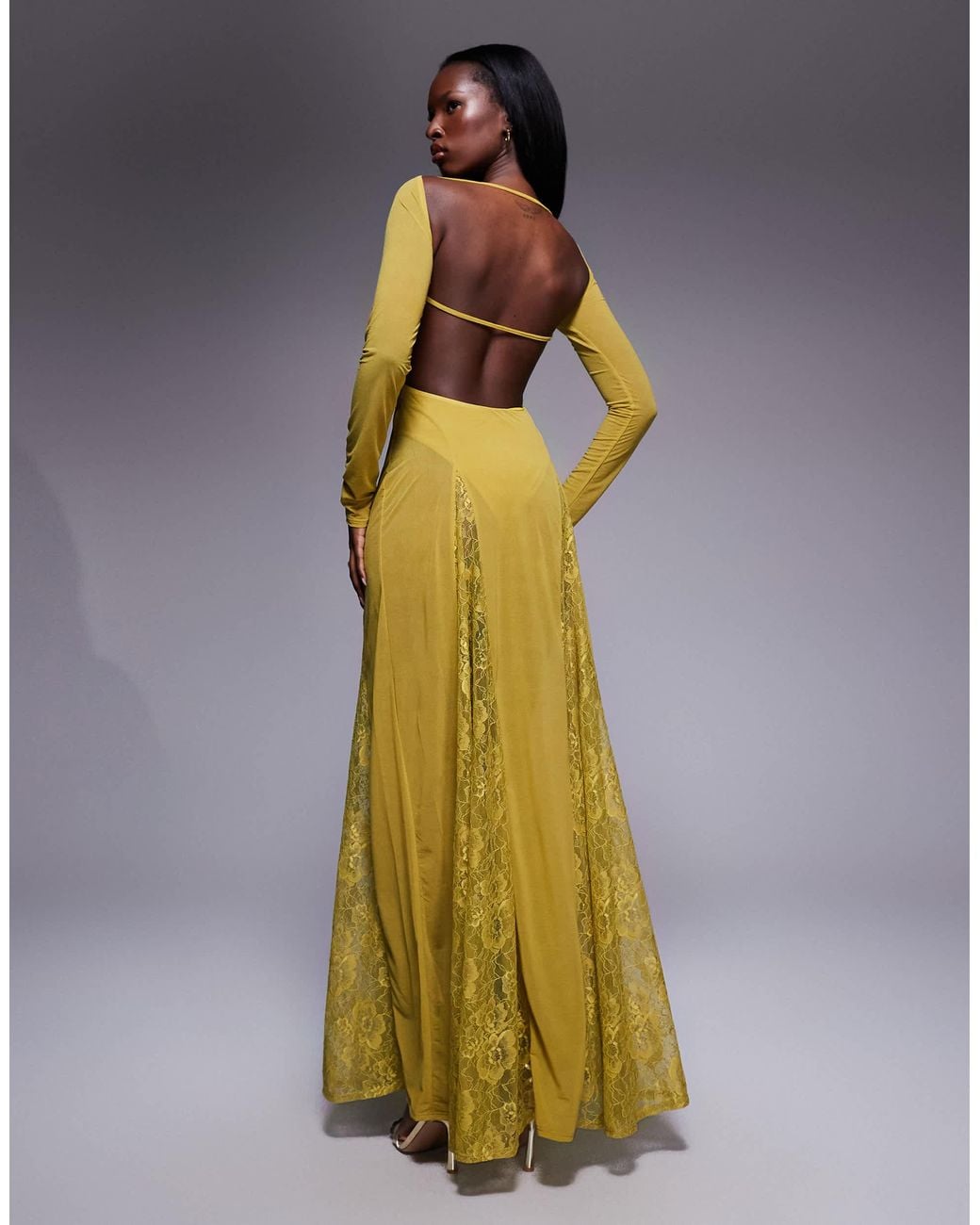 ASOS Metallic Long Sleeve Sheer Maxi Dress With Lace Panel Godets And Bodysuit