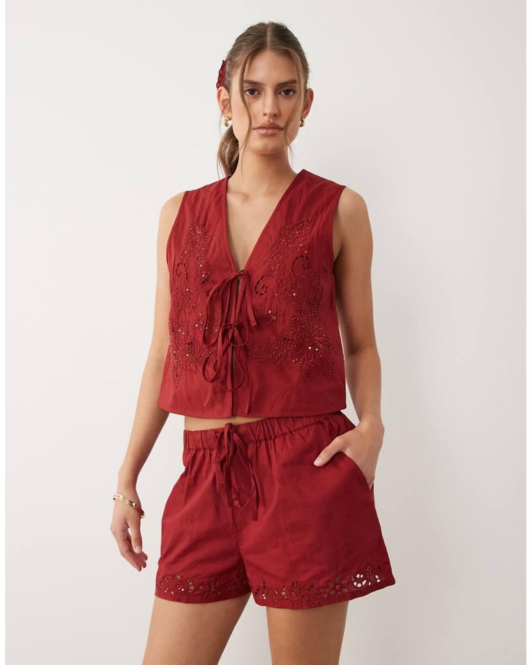 Miss Selfridge Red Cutwork Mini Shorts Co-Ord