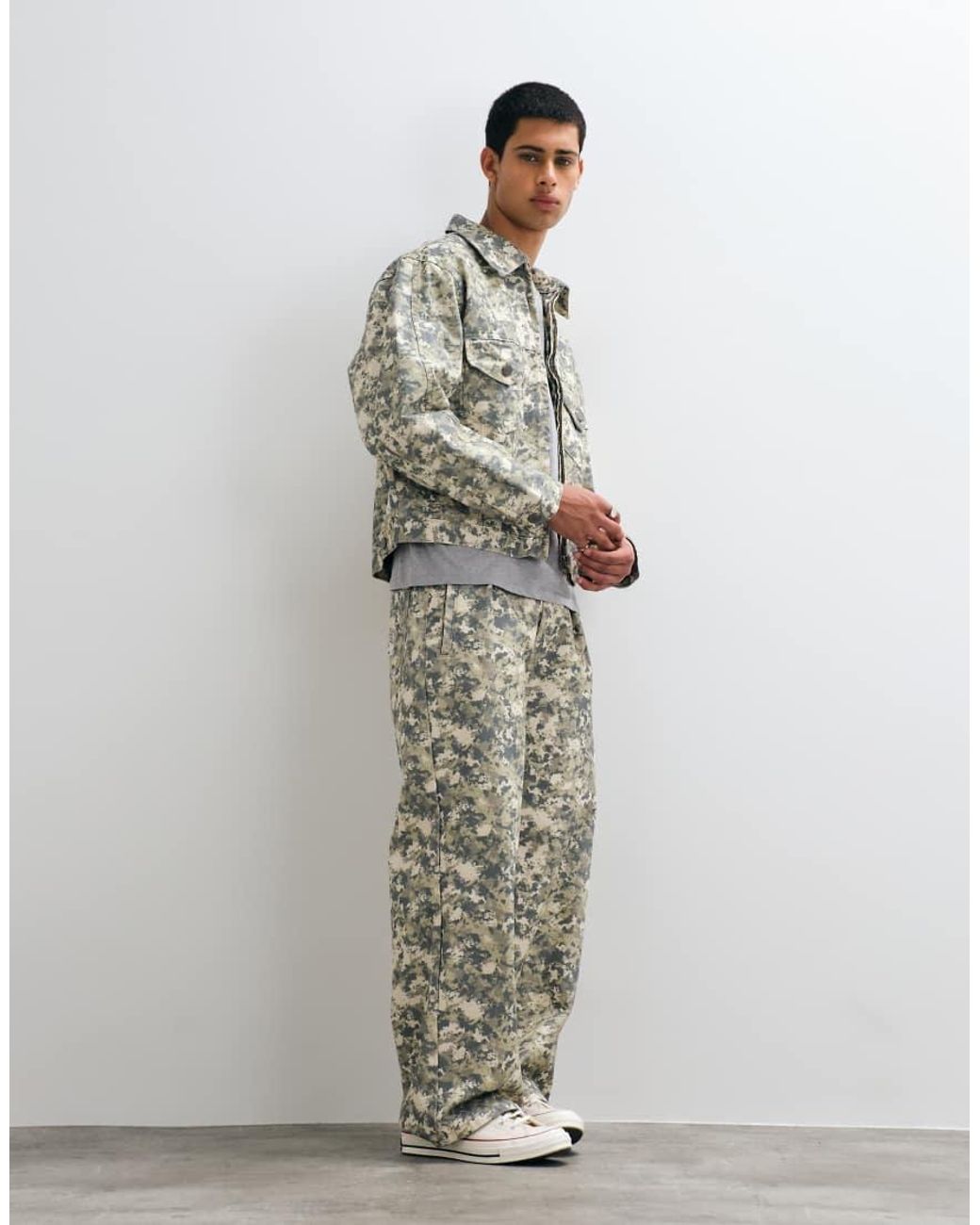 Prohibited Gray Oversized Zip Through Camo Denim Jacket Co-ord for men