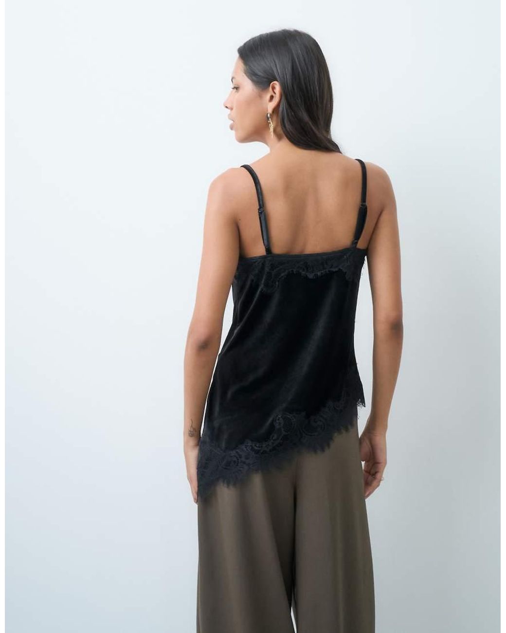 Jdy Black Velvet Top With Lace Hem