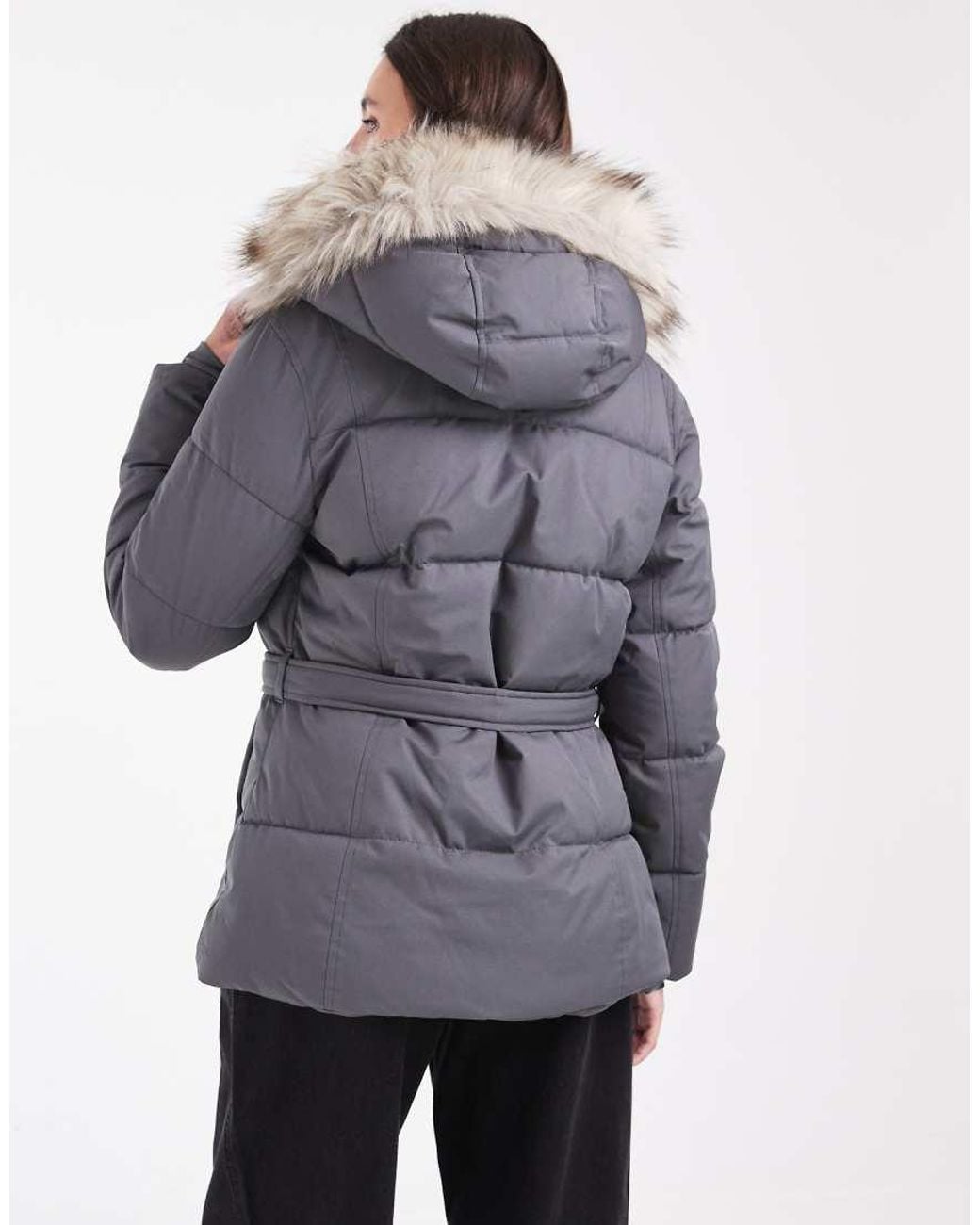 Hollister Gray Belted Puffer Jacket With Fur Hood