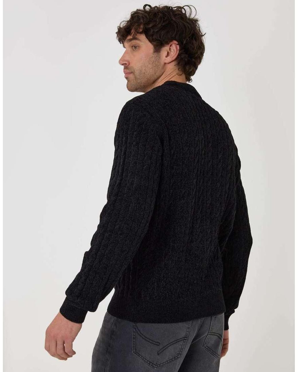 Threadbare Black Fluffy Cable Knit Crew Neck Jumper for men