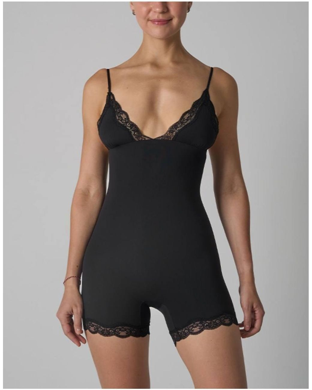agon® Black Lace Trim Deep V-Neck Cami Bodysuit