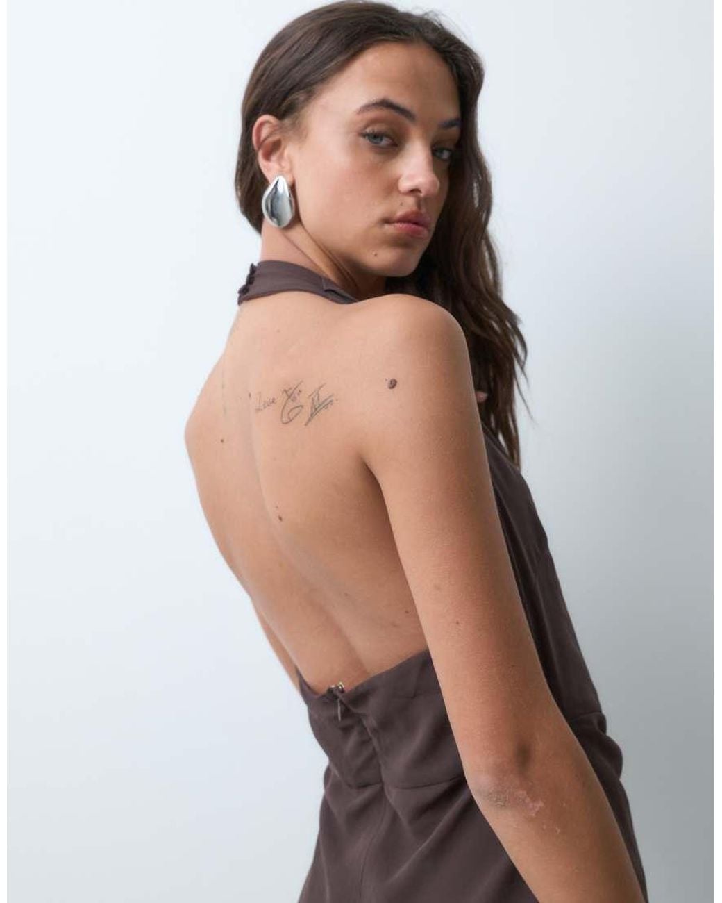 BRONZE SNAKE Gray V Neck Halterneck Maxi Dress With Draped Waist