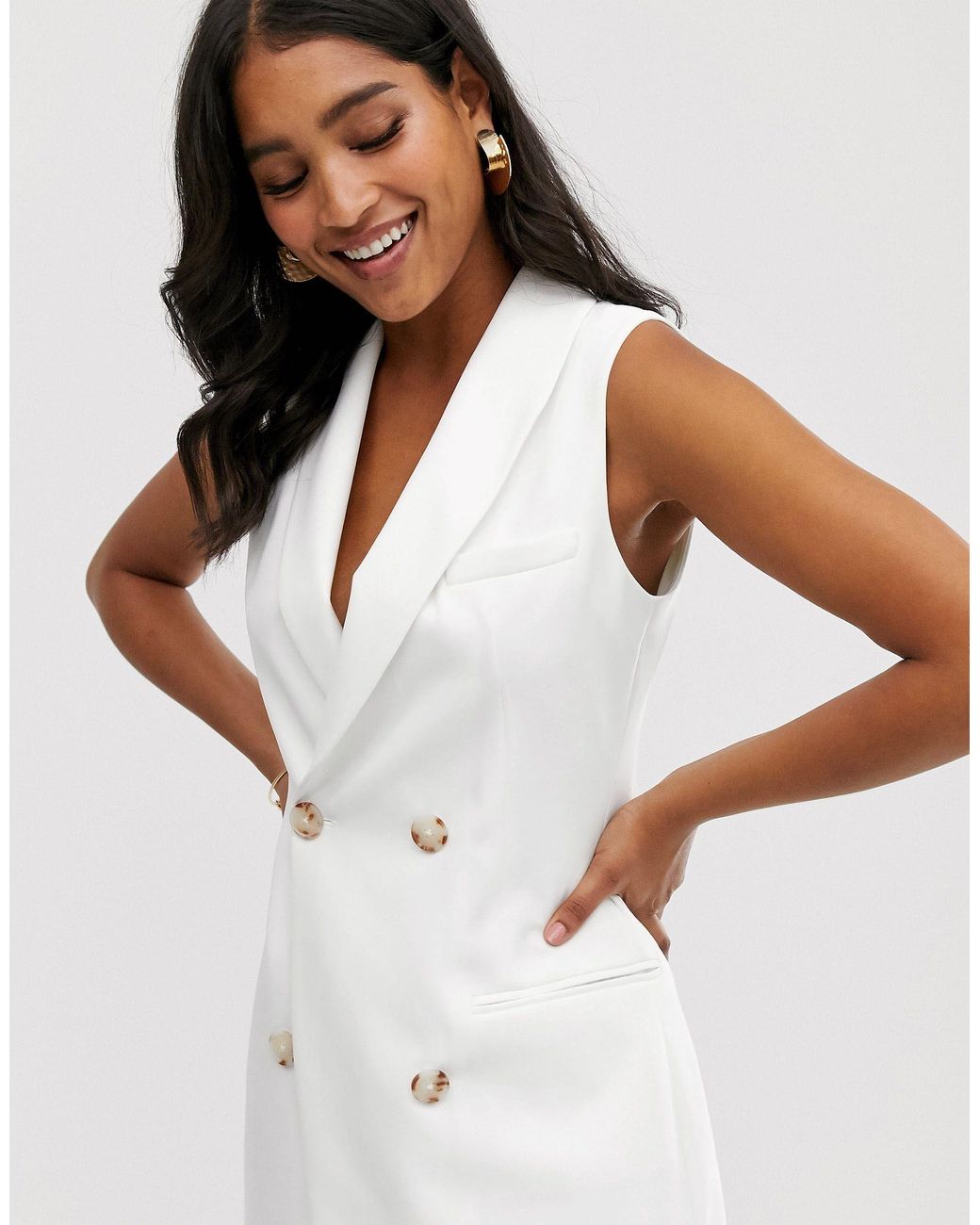 Stradivarius Double Breasted Waistcoat Blazer Dress in White | Lyst