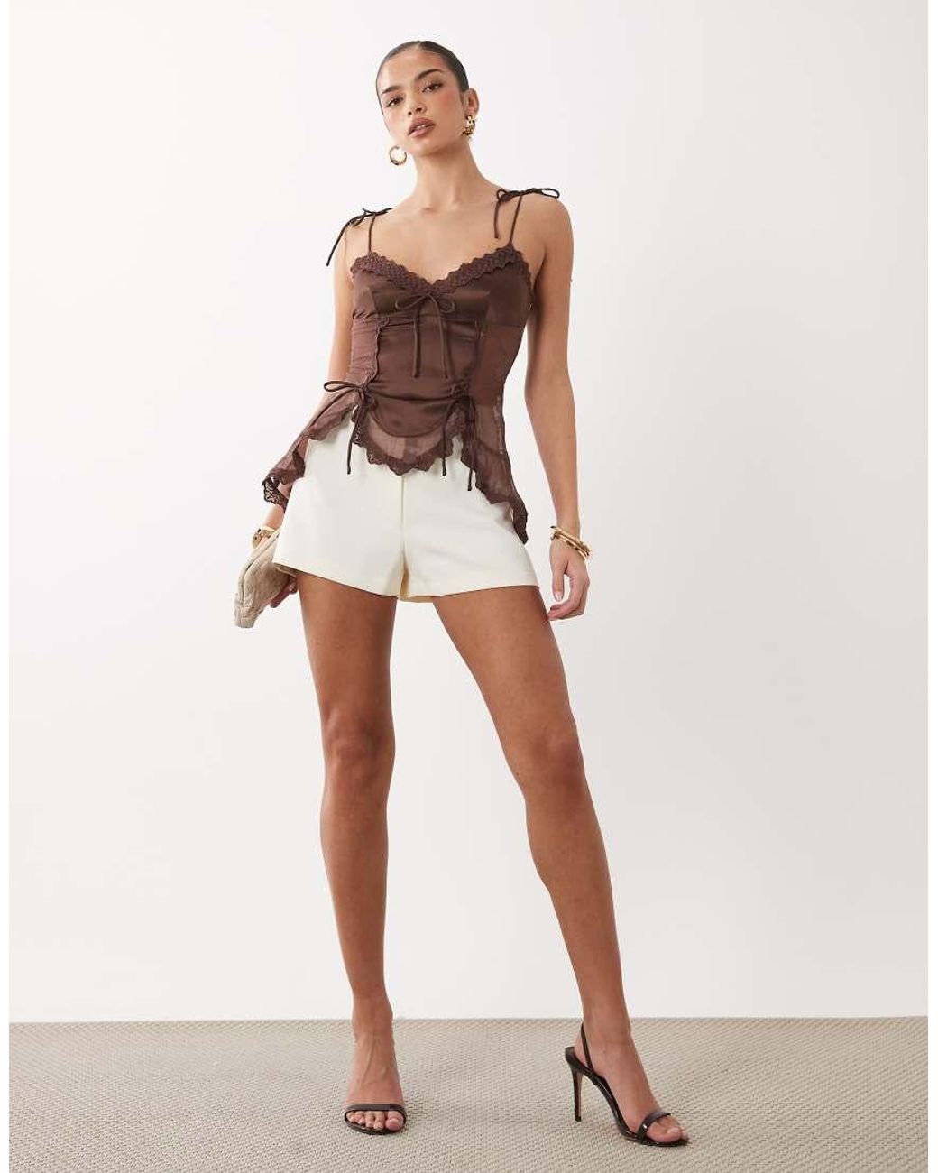 I.AM.GIA Brown Meadow Chiffon Tie Detail High Low Hem Ruffle Edge Top