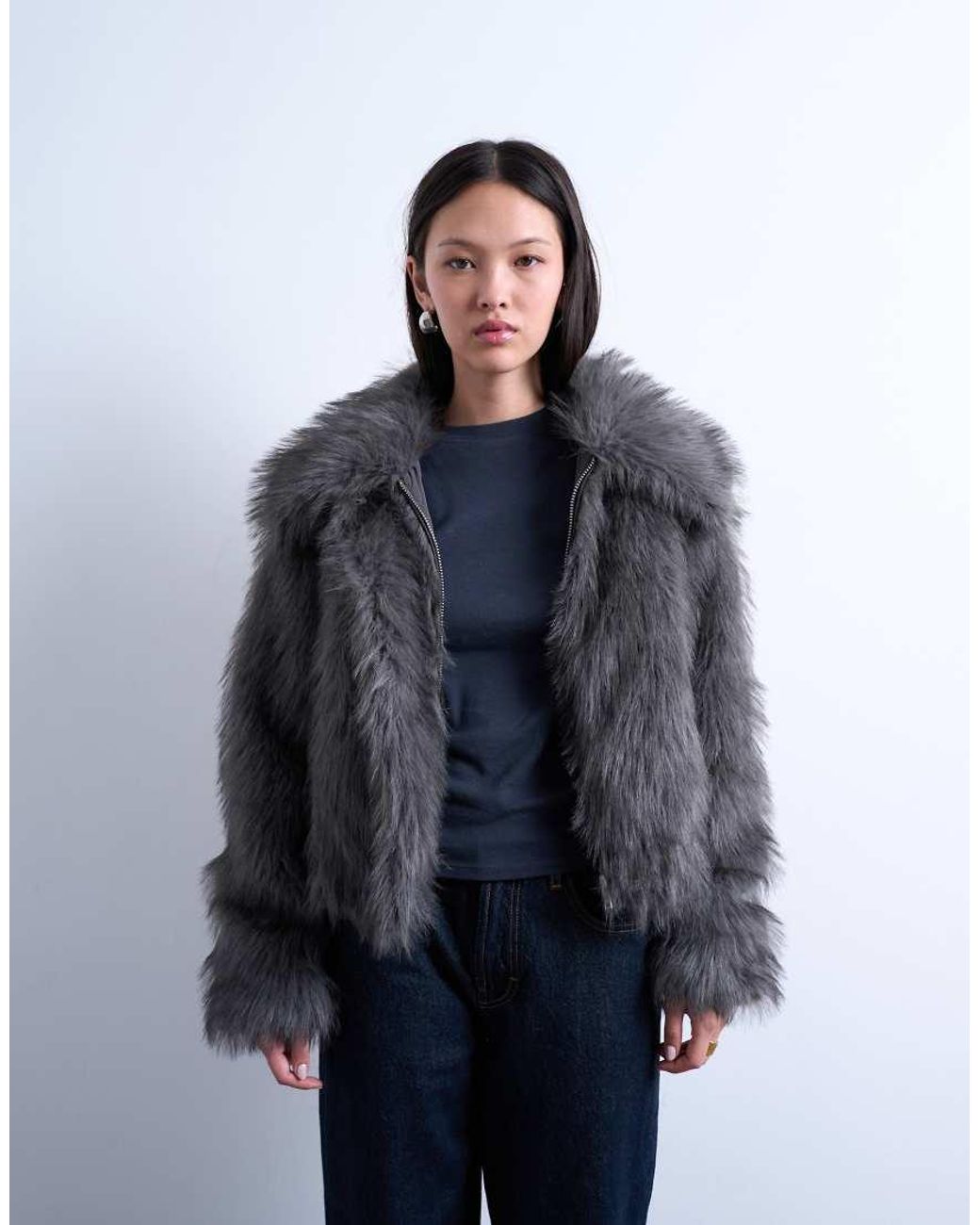 TOPSHOP Blue Faux Fur Zip Thru Bomber Jacket