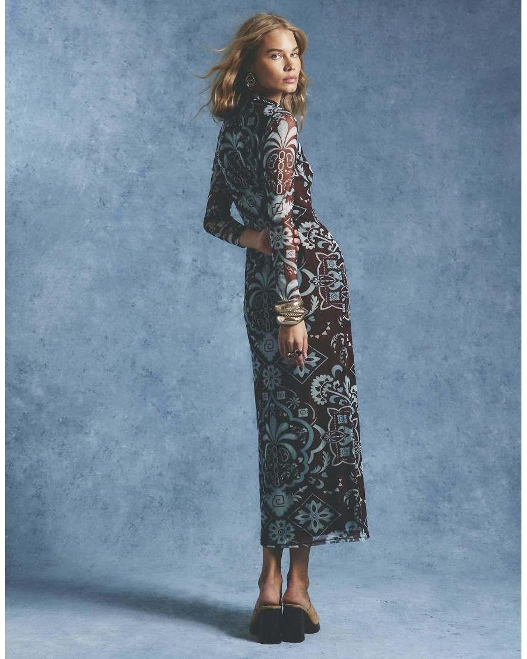 River Island Blue Mesh Boutique Print Maxi Dress