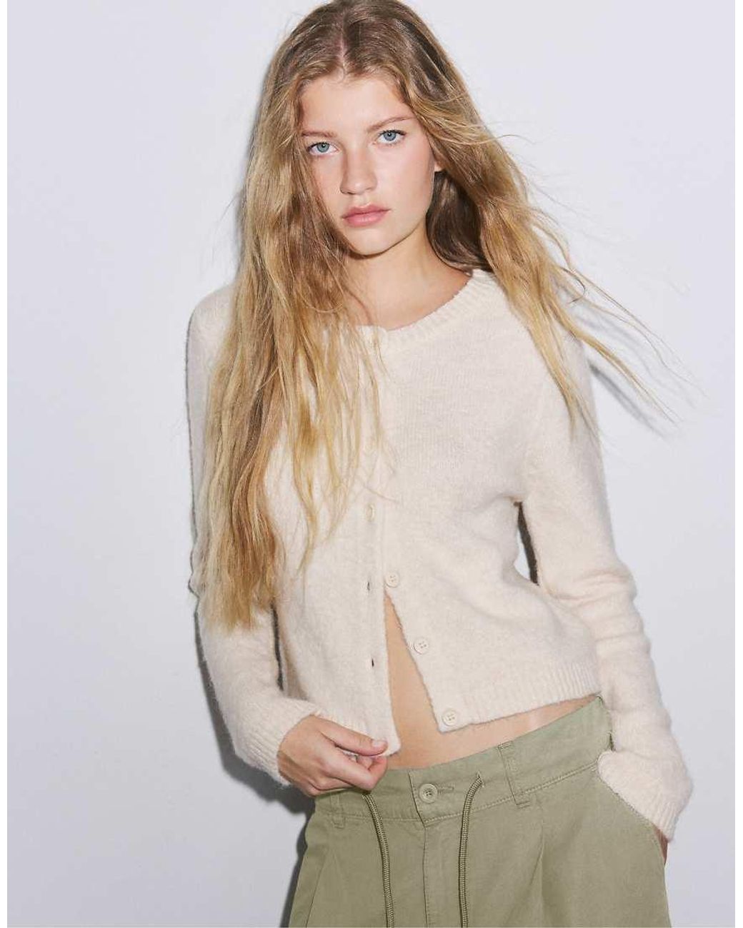 Stradivarius White Button-Up Knit Cardigan