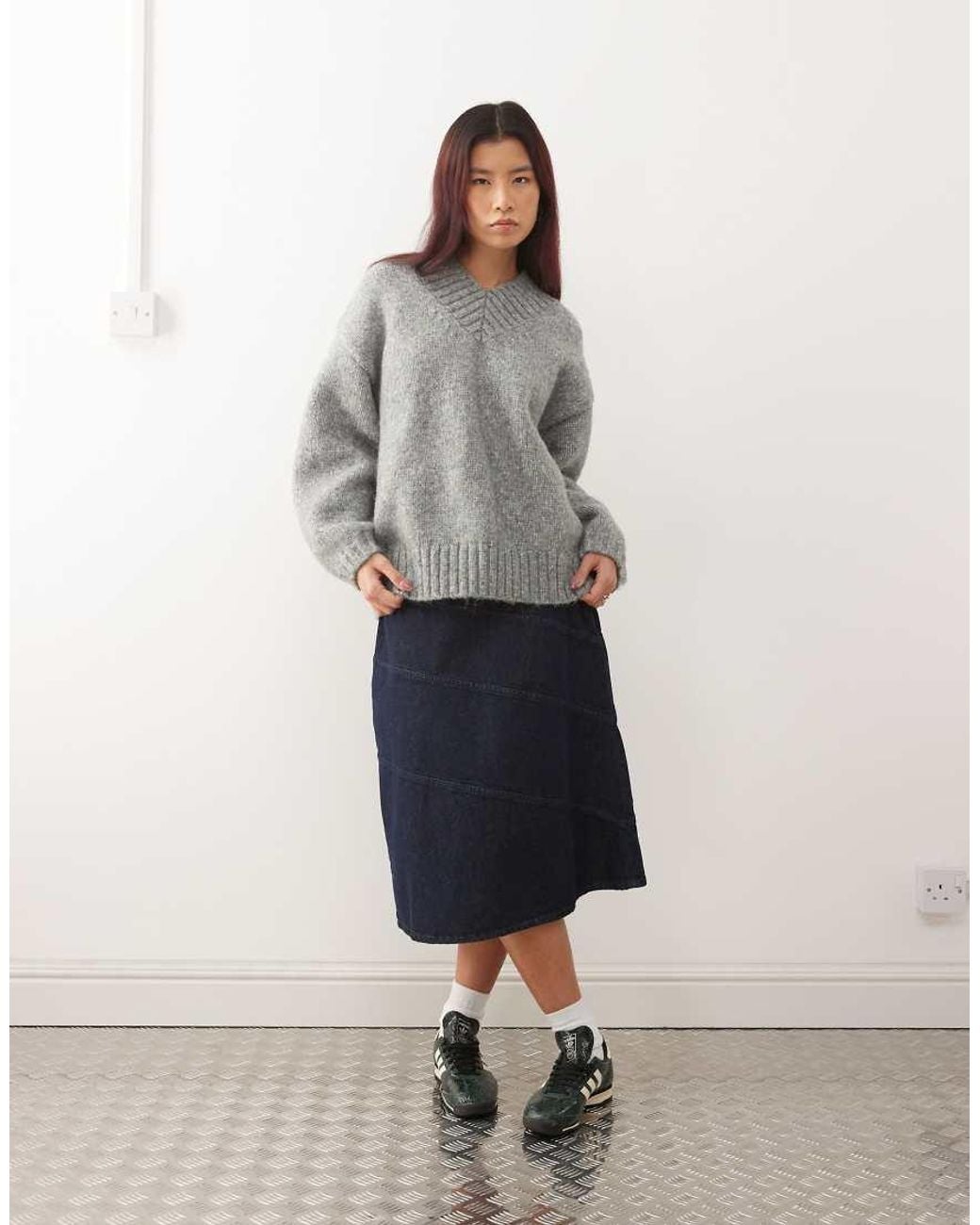 Monki Gray Oversized V Neck Jumper