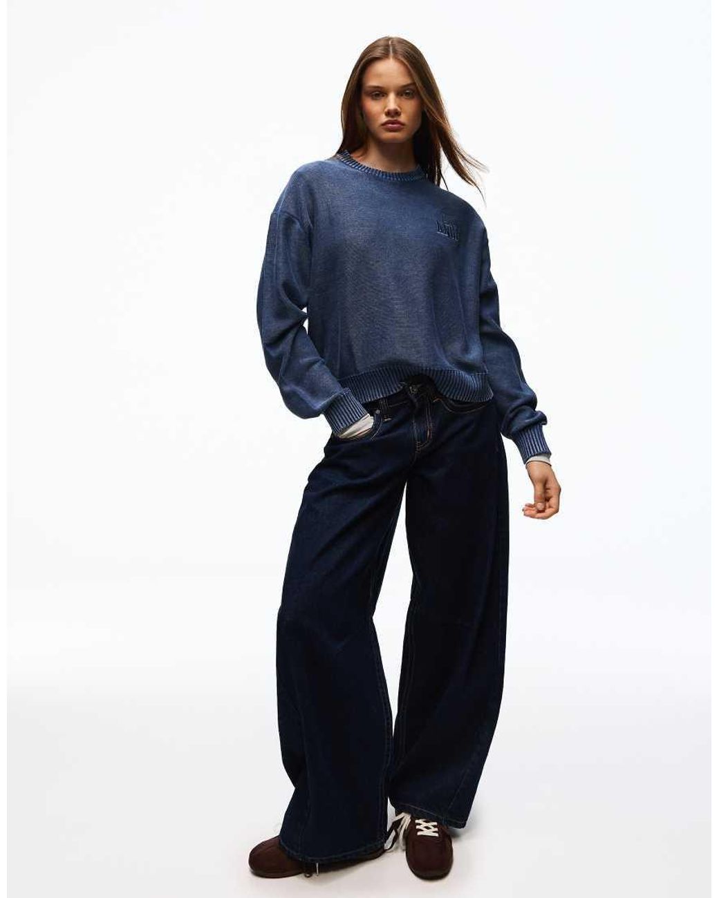 Bershka Blue Garment-dyed Round Neck Jumper