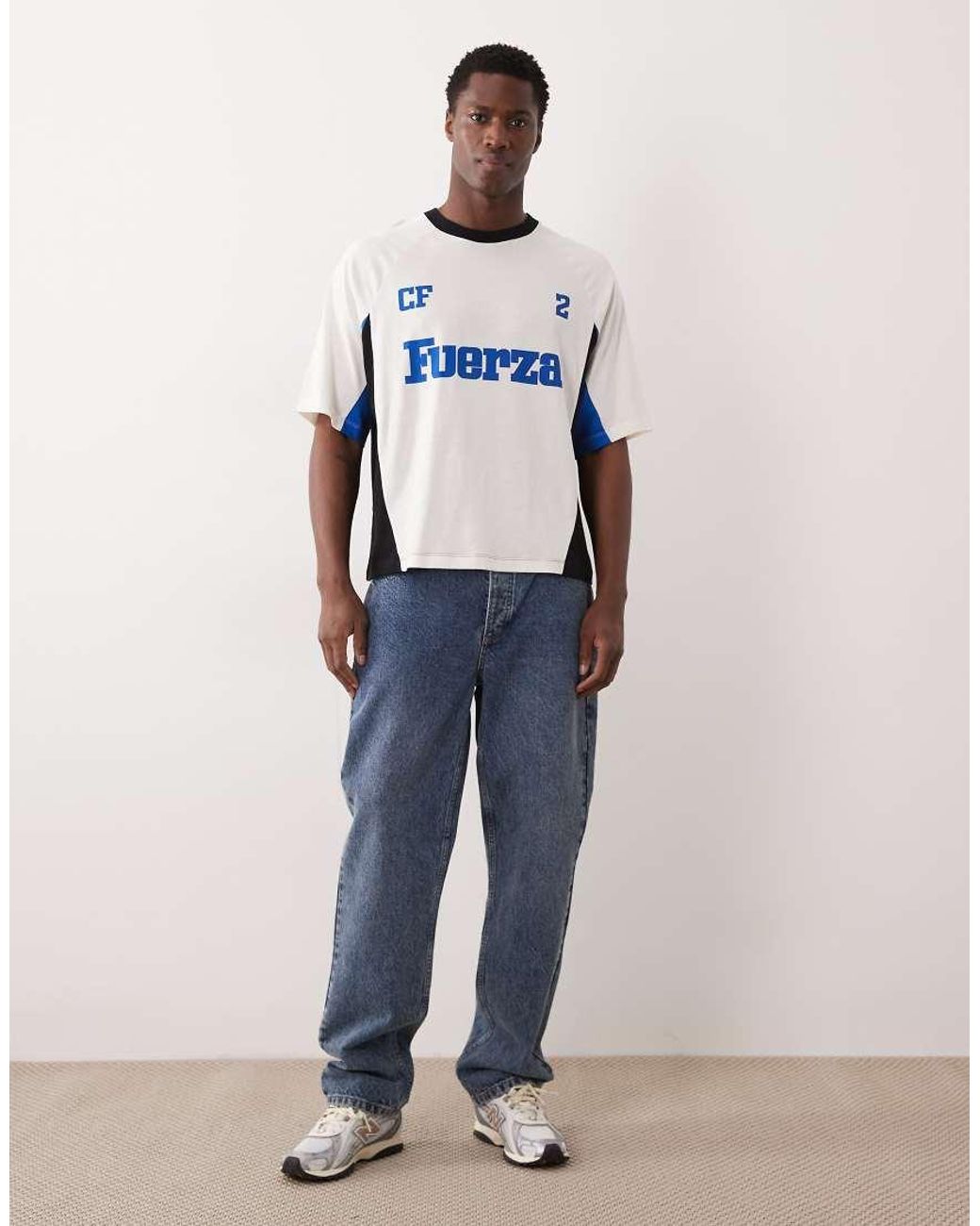 ASOS Blue Boxy Oversized T-Shirt With Cut And Sew Panelling And Sports Graphics for men