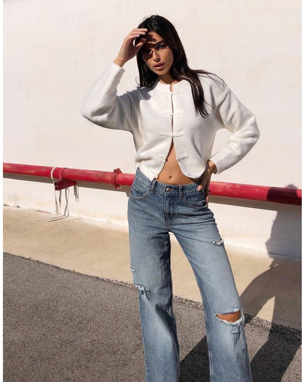 Bershka Blue High-Waist Wide-Leg Ripped Jeans