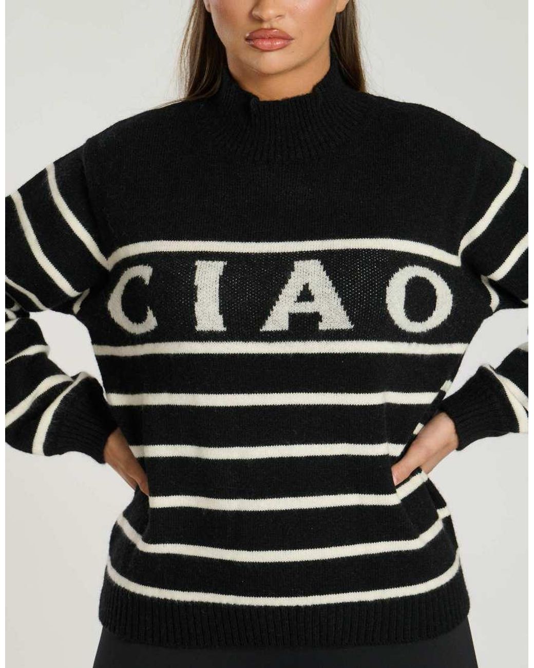 South Beach Black Funnel Neck Slogan Striped Knit Jumper