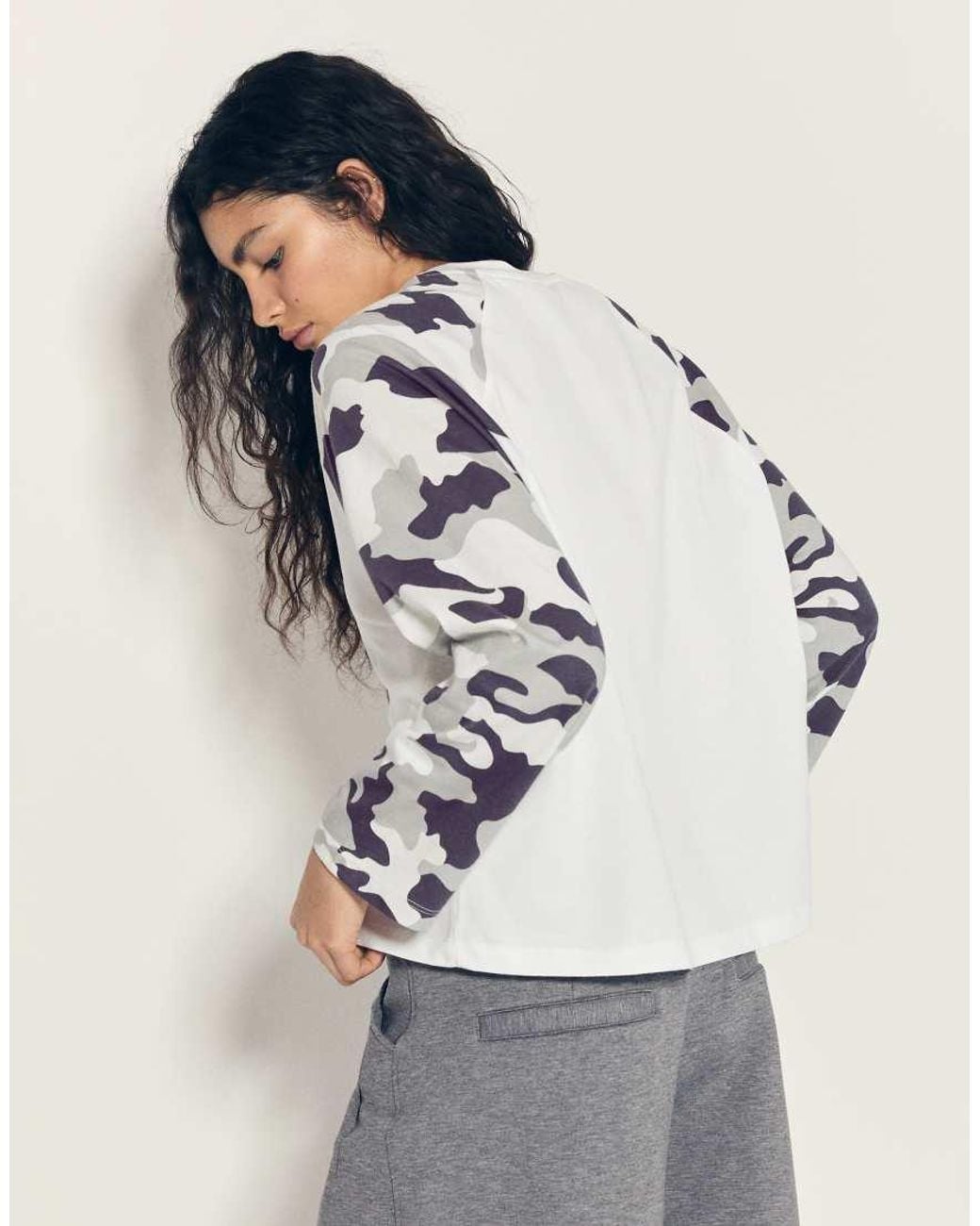 Bershka Gray Long-Sleeved Camouflage Print Raglan T-Shirt