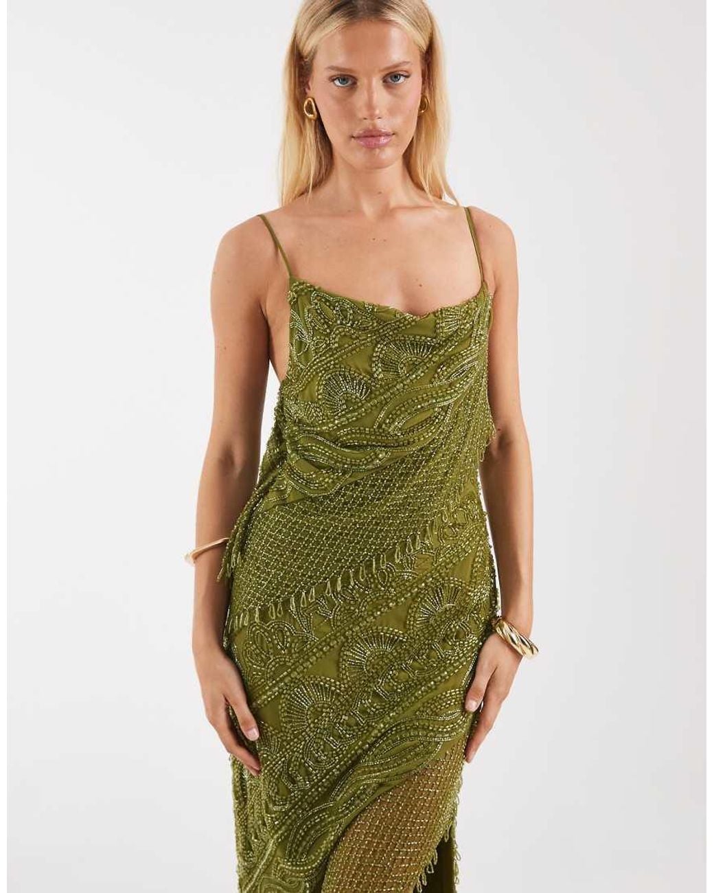 ASOS Green Embellished All Over Beaded Layered Asymmetric Maxi Dress