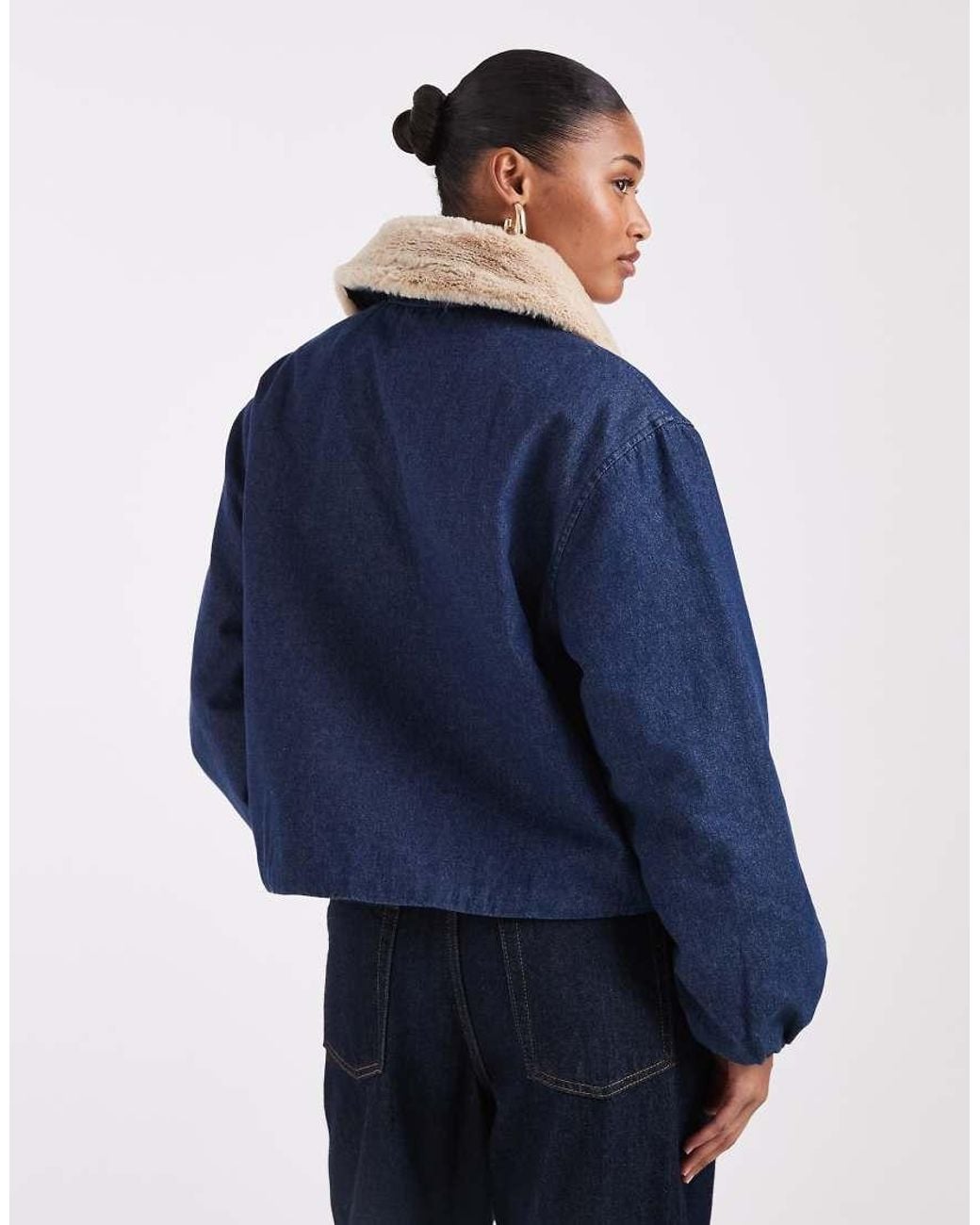 Noisy May Blue Cinch Hem Bomber With Faux Fur Collar