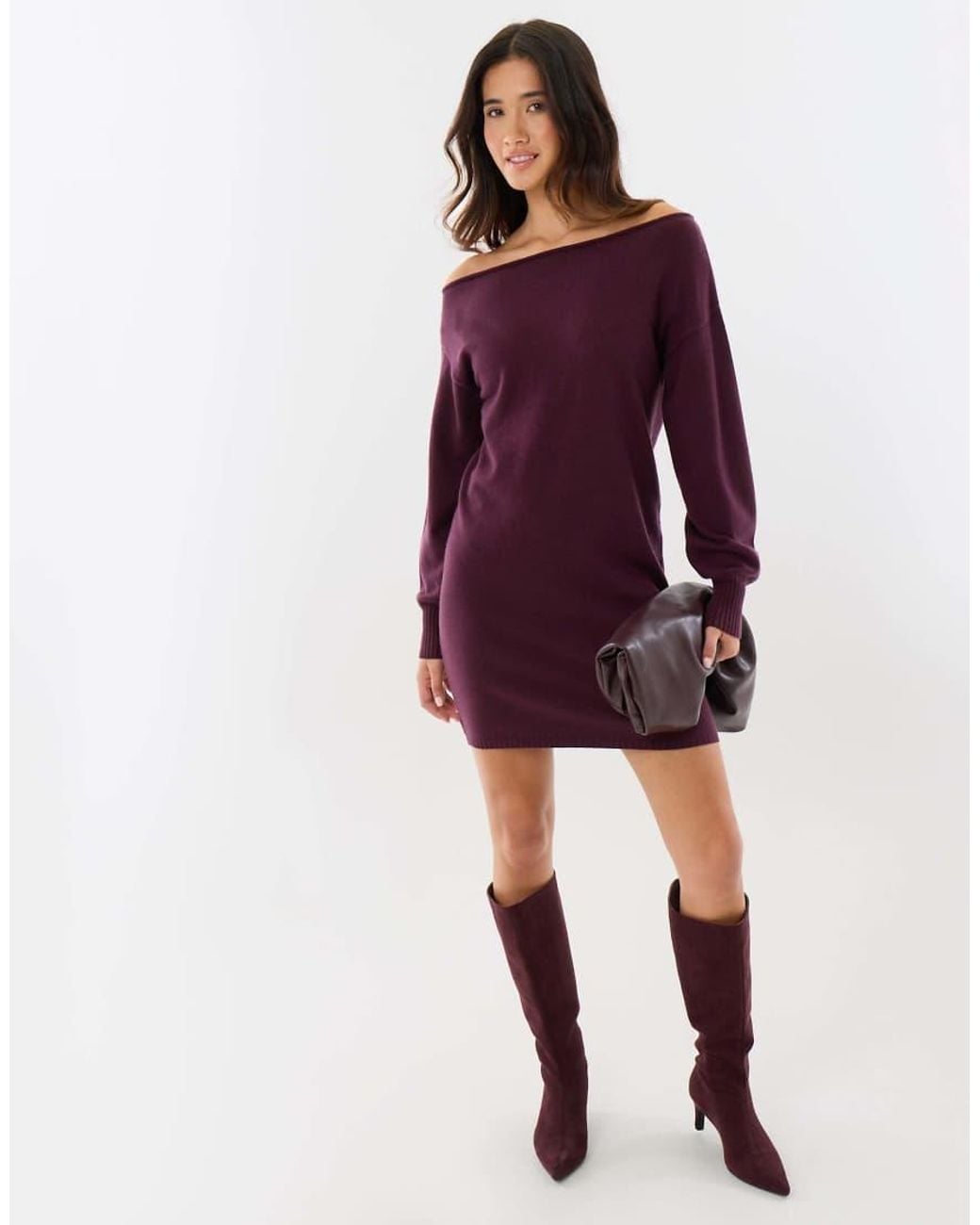 Threadbare Purple Slash Neck Mini Jumper Dress