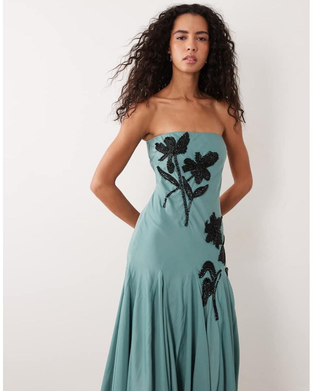 ASOS Blue Bandeau Full Hem Floral Placement Embellished Midaxi Dress