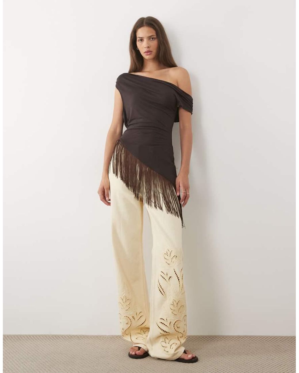 ASOS Natural Asymmetric Fallen Shoulder Top With Fringing Top