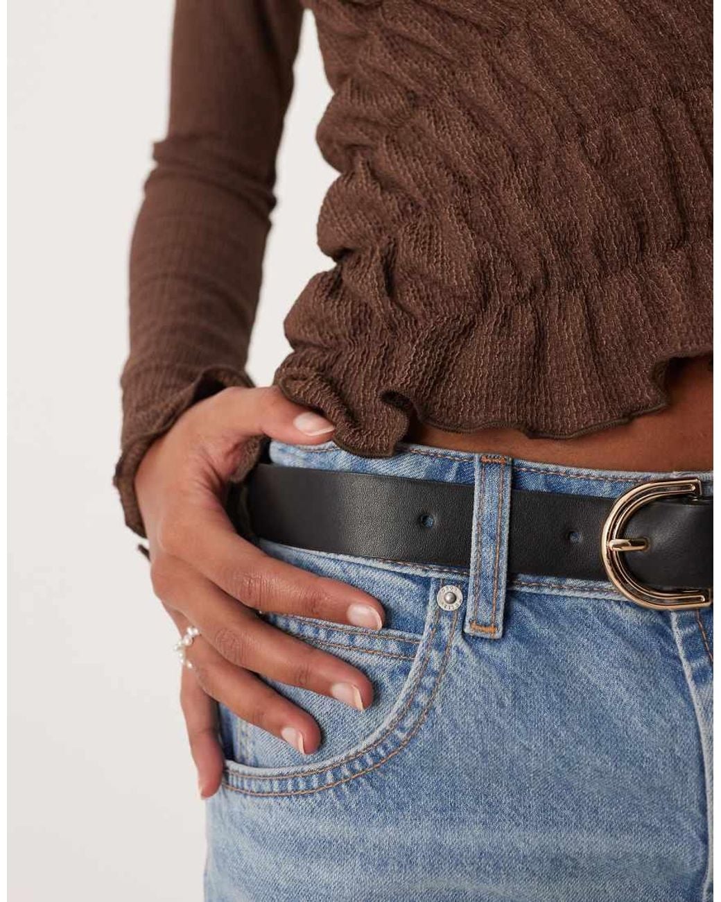 ASOS Brown Shirred Flare Long Sleeve Top