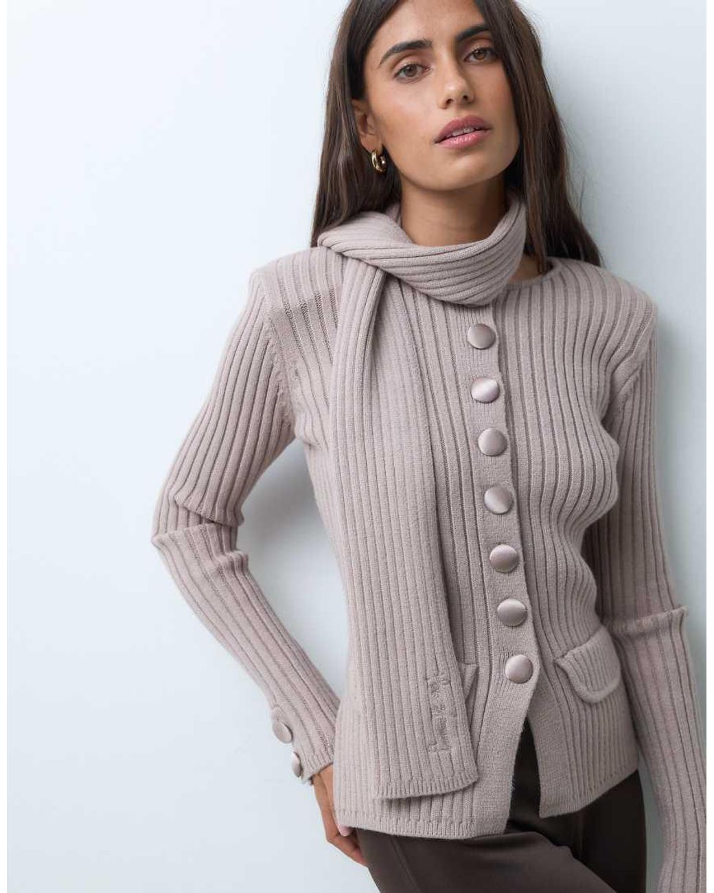 House Of Sunny Gray Power Peggy Classic Rib Knit Button Up Cardigan With Scarf