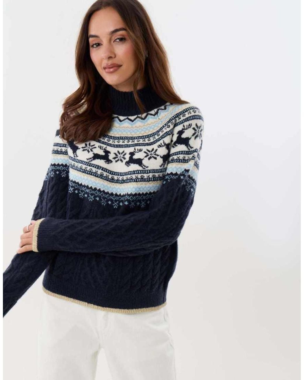 Threadbare Blue Reindeer Fairisle Cable Knit Christmas Jumper