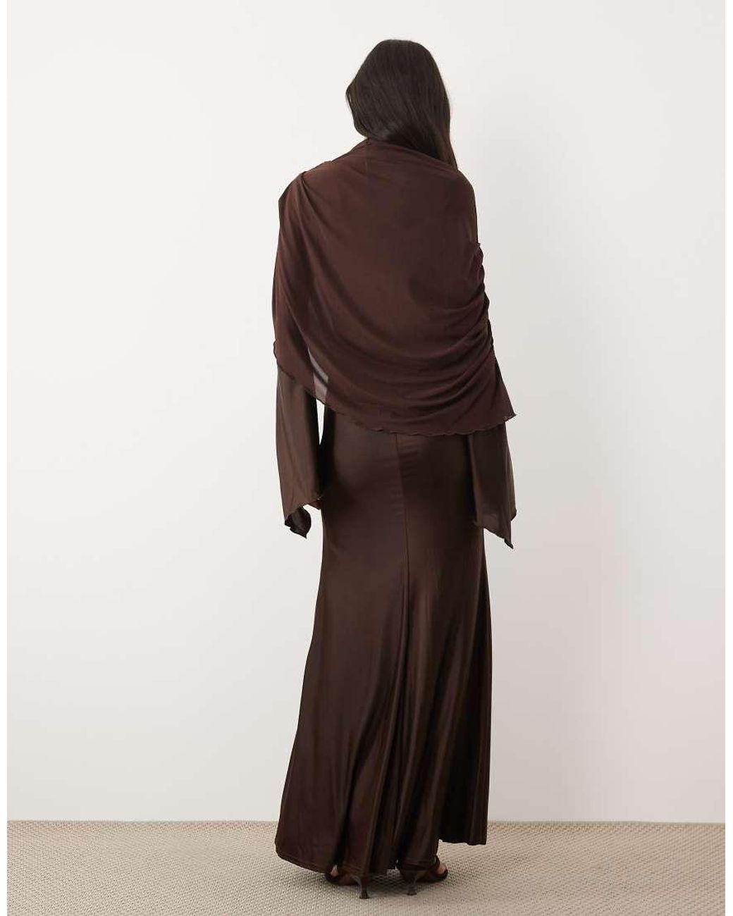 JW PEI Brown Exclusive Mesh High Neck Shawl Detail Maxi Dress